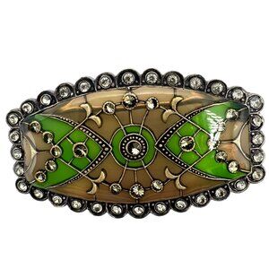 Green Stained Glass Style Brooch Rhinestones Enamel Oval Shape Scalloped Vtg